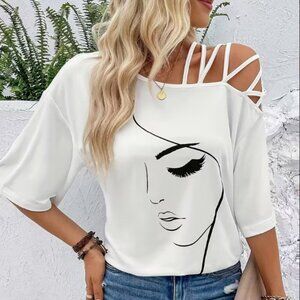 NWOT Off-Shoulder T-Shirt Dress –Cross Strap, Boat Neck, H-Line Silhouette White